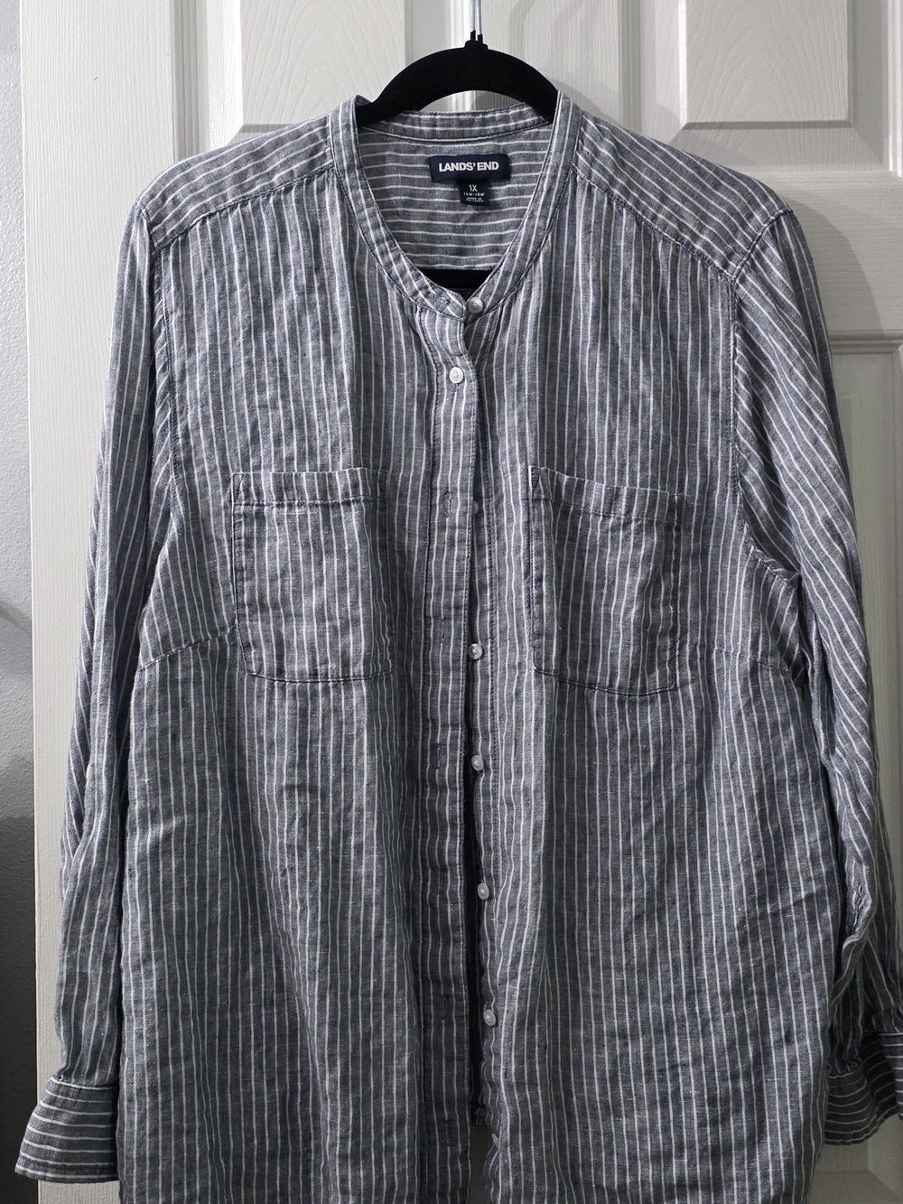 Lands' End Women's Gray and White Striped Linen Button-Down Shirt